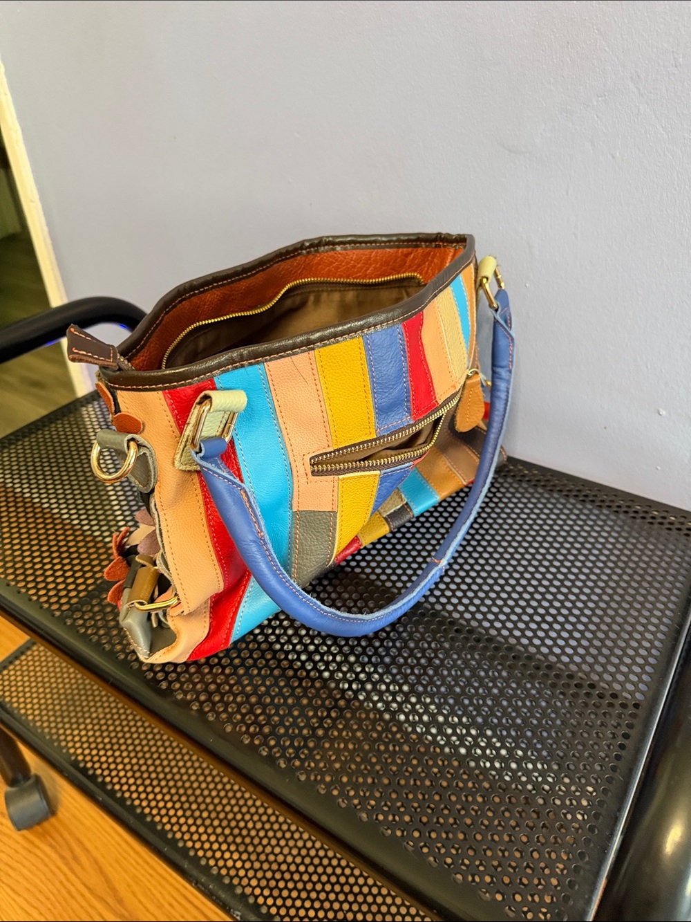 Colorblock Multi-Stripe Leather Shoulder Bag - Blue Handle